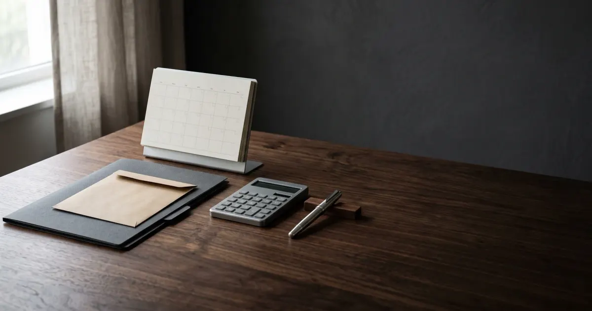 Dossier d'impôts, enveloppe et stylo sur un bureau sombre en noyer, éclairés par une lumière douce