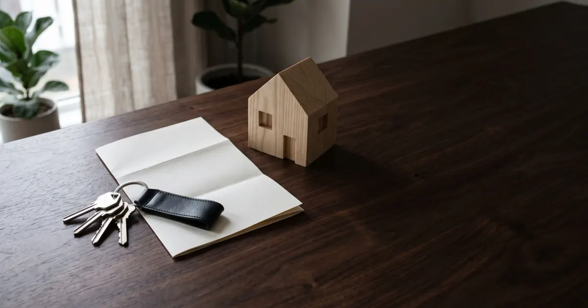 Clés de maison, contrat de location plié et petite maquette de maison sur un bureau sombre