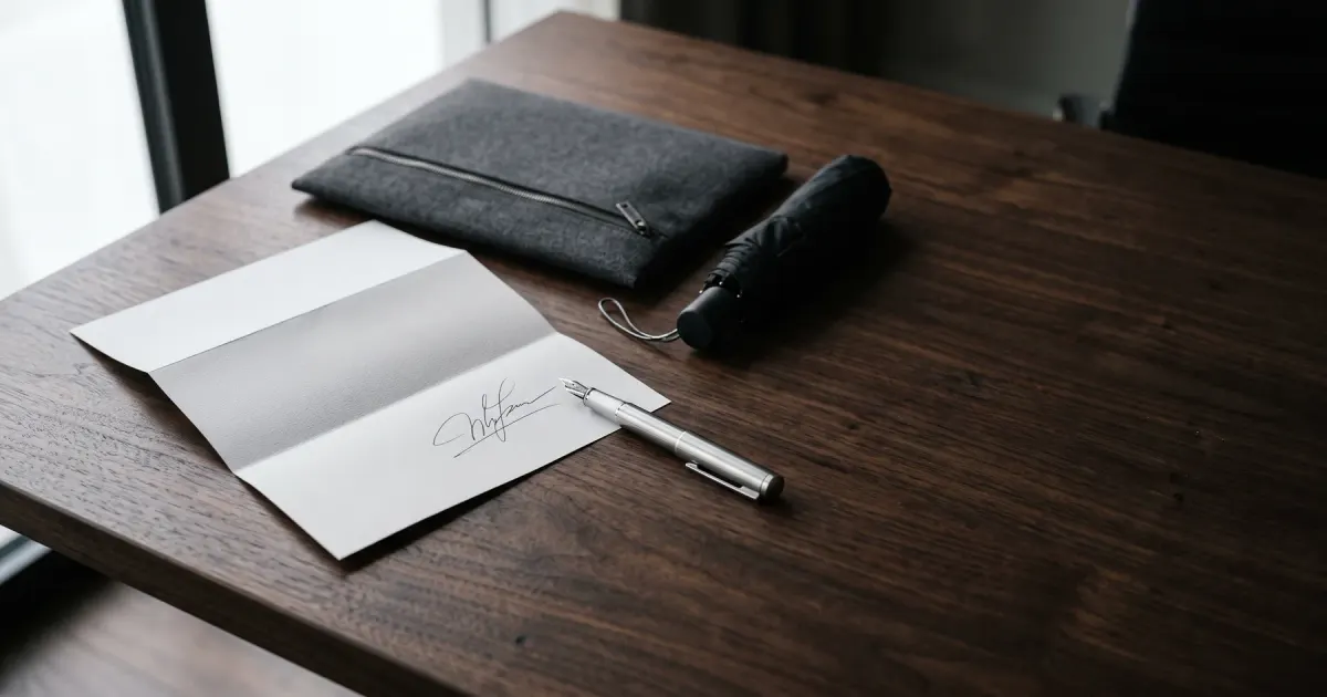 Contrat signé, stylo-plume argenté et pochette de documents sur un bureau sombre