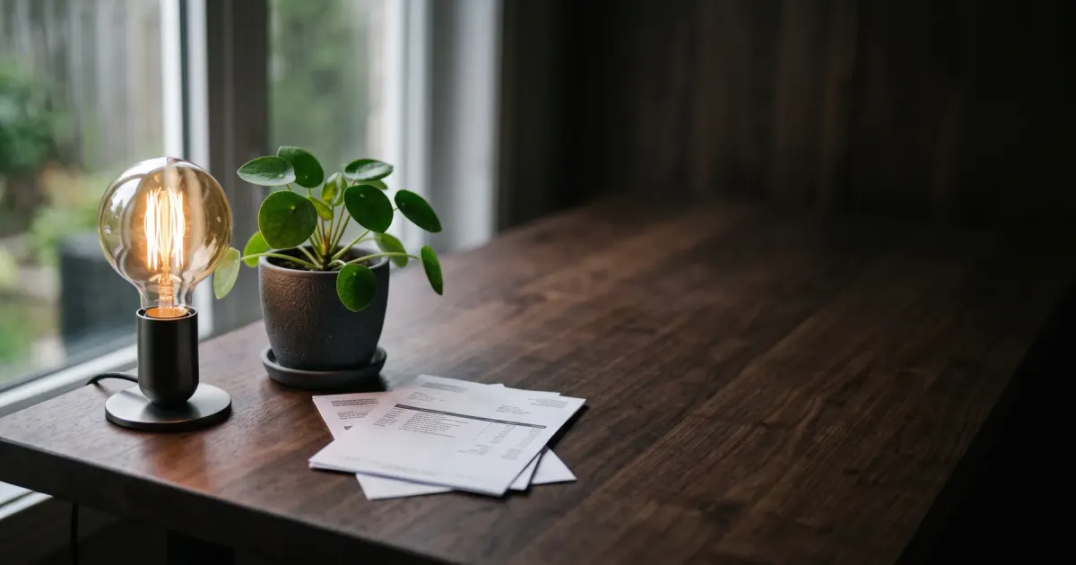 Ampoule allumée, factures rangées et petite plante sur un bureau sombre en noyer