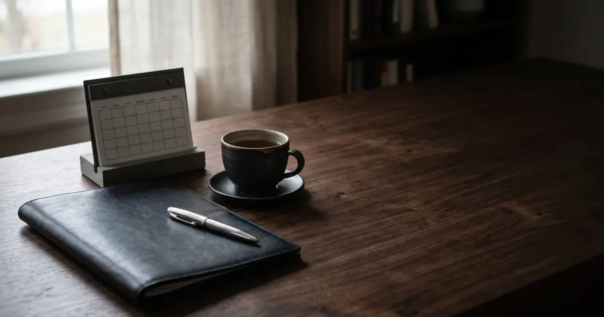 Tax folder, envelope, calculator and silver pen on a dark walnut desk in soft window light
